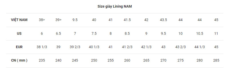 Bảng size giày Lining cầu lông nam chi tiết giúp người chơi lựa chọn kích cỡ phù hợp
