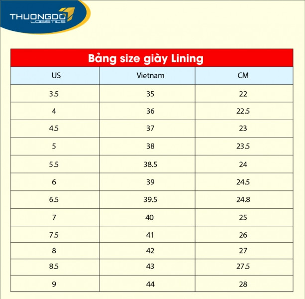 Bảng size giày Lining, thương hiệu thể thao nội địa Trung Quốc