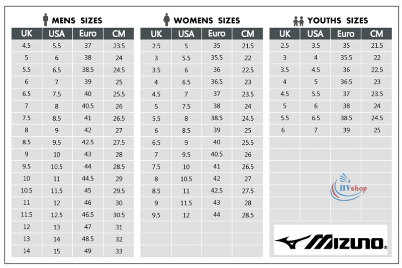 Bảng size giày Mizuno chuẩn cho nam giới