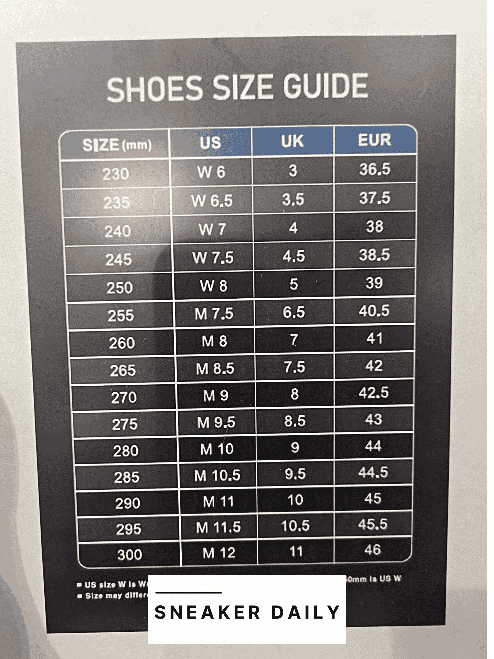 Bảng size giày MLB cho nam