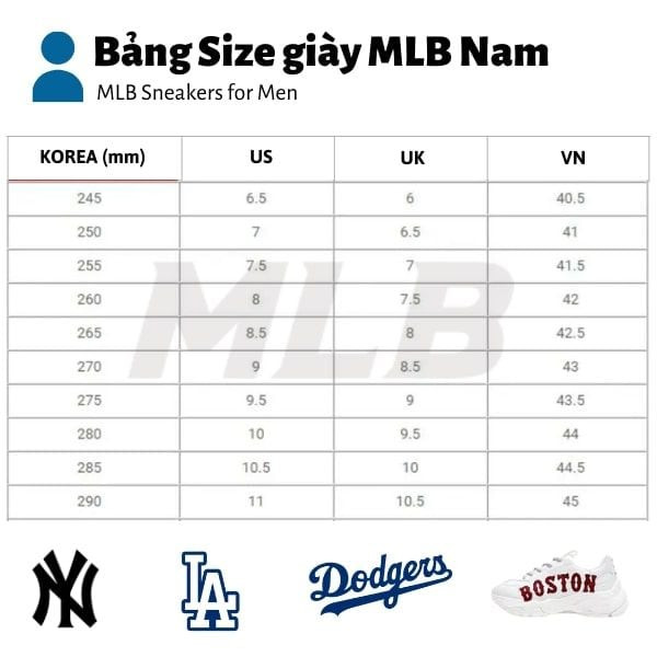 Bảng size giày MLB nam