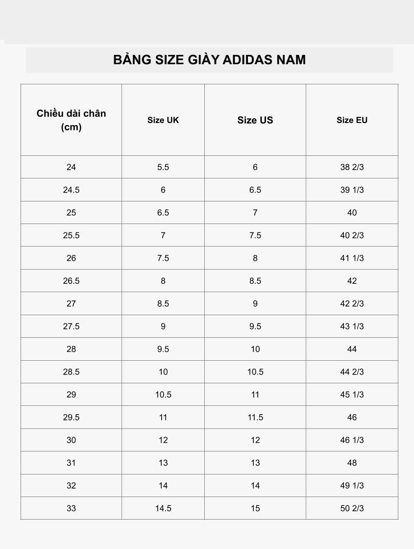Bảng size giày nam Adidas cho bàn chân 23cm