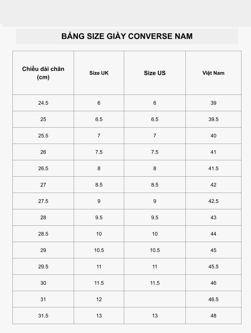 Bảng size giày nam Converse chính xác cho chân 23cm