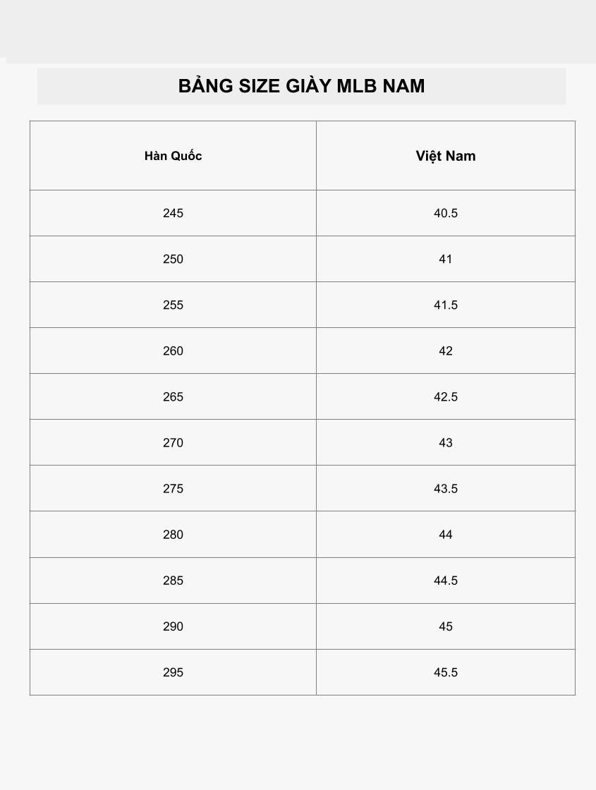 Bảng size giày nam MLB tham khảo cho chân 23cm