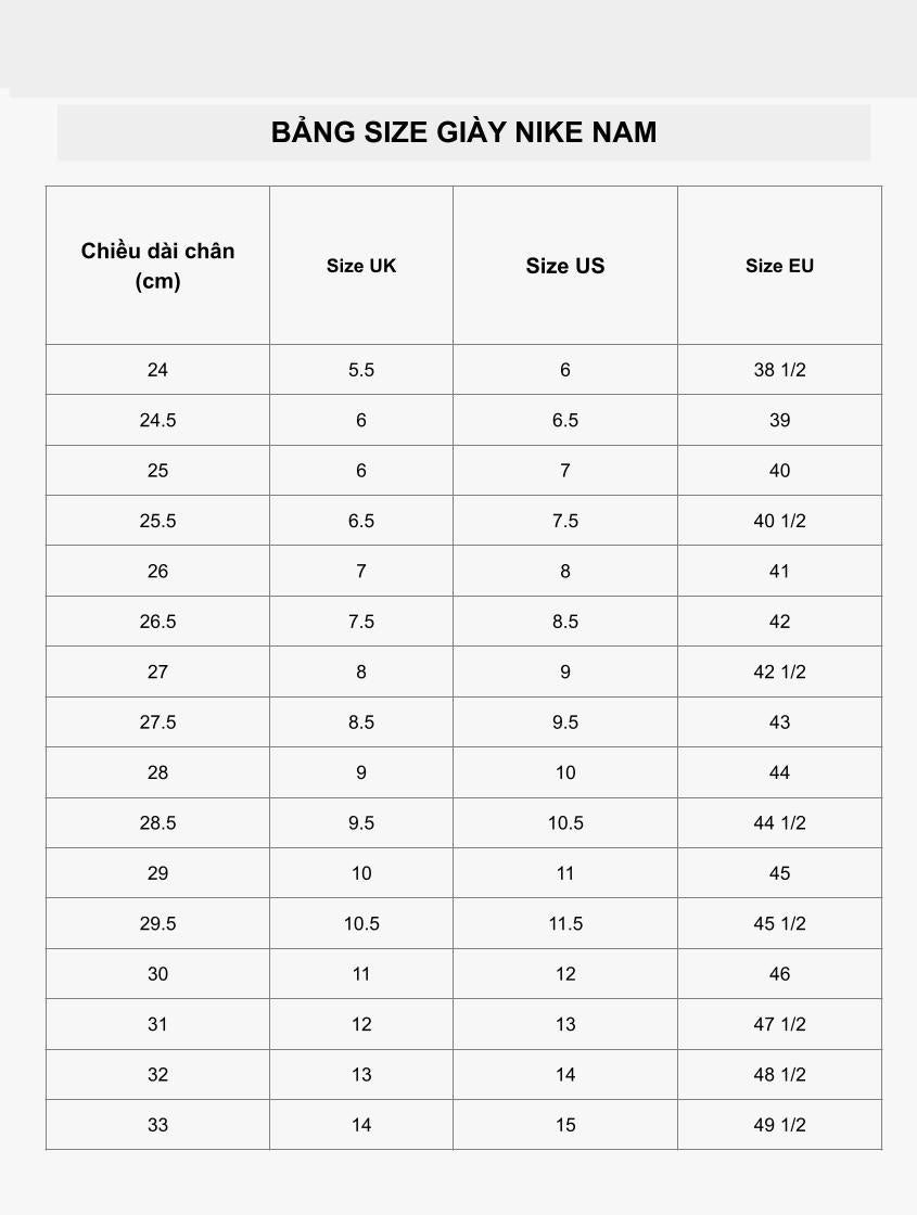 Bảng size giày nam Nike cho chiều dài chân 23cm