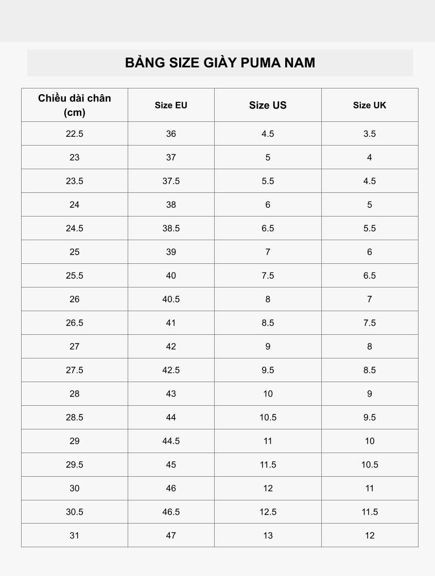 Bảng size giày nam Puma gợi ý cho chân 23cm