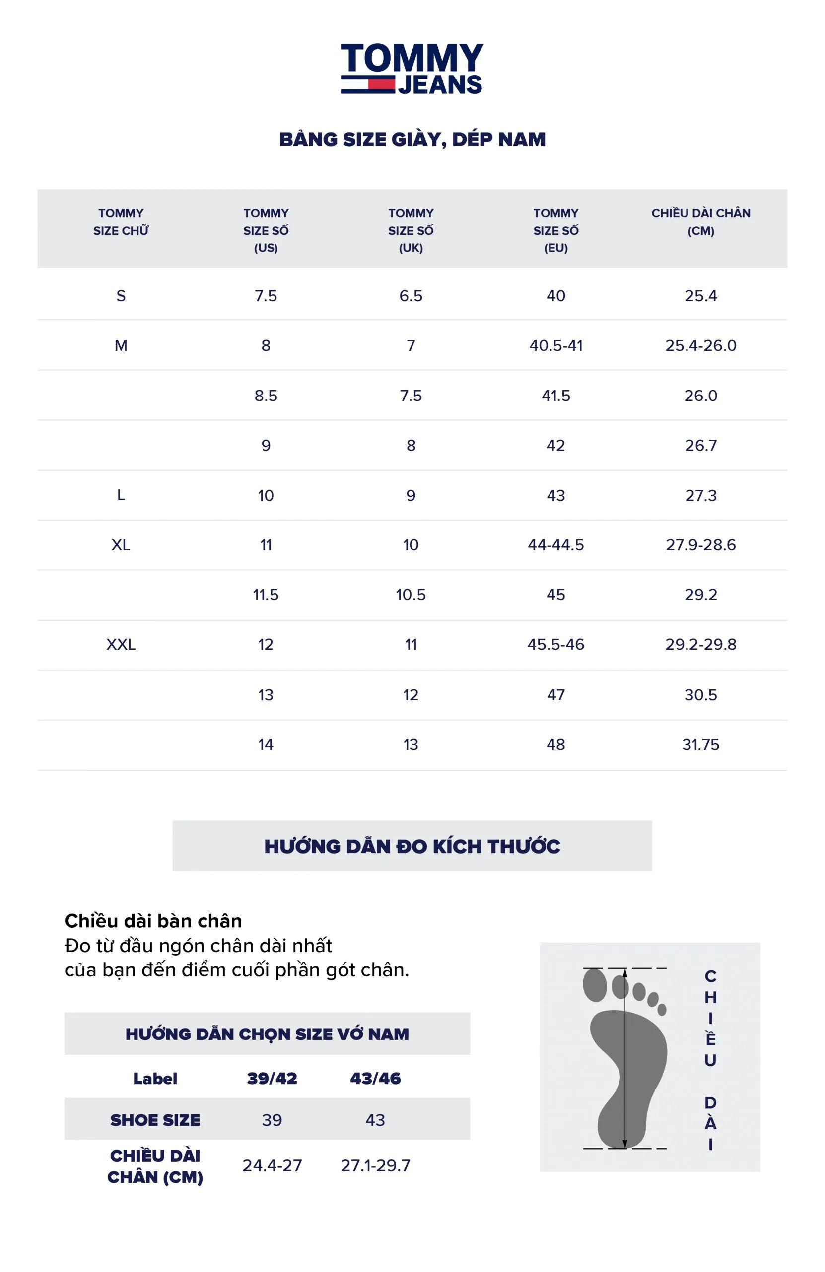 Bảng size giày nam Tommy Hilfiger chuẩn quốc tế