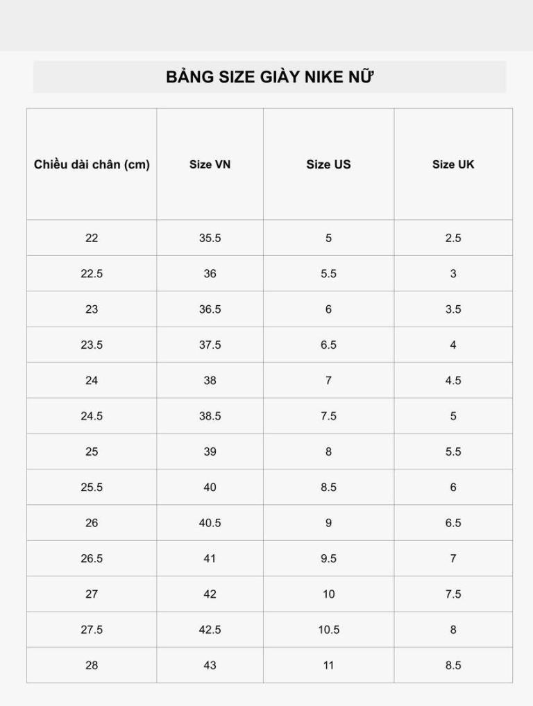 Bảng size giày Nike nữ cho chân 24cm