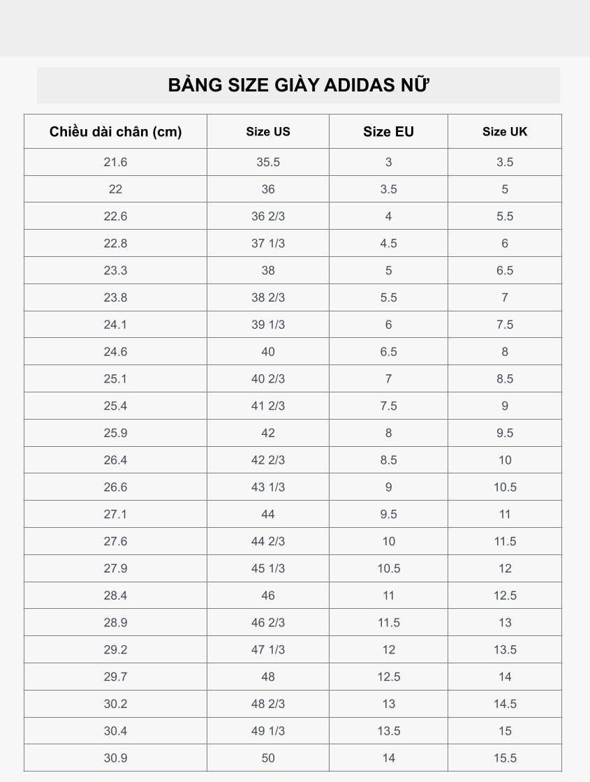 Bảng size giày nữ Adidas, hỗ trợ chọn size cho chân 23cm