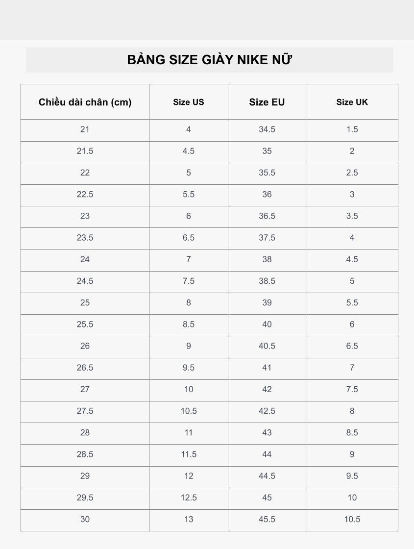 Bảng size giày nữ Nike cho đôi chân dài 23cm