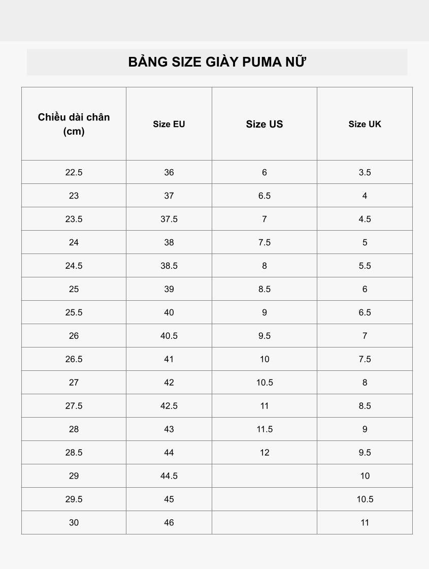 Bảng size giày nữ Puma, giúp xác định chân 23cm đi giày size bao nhiêu