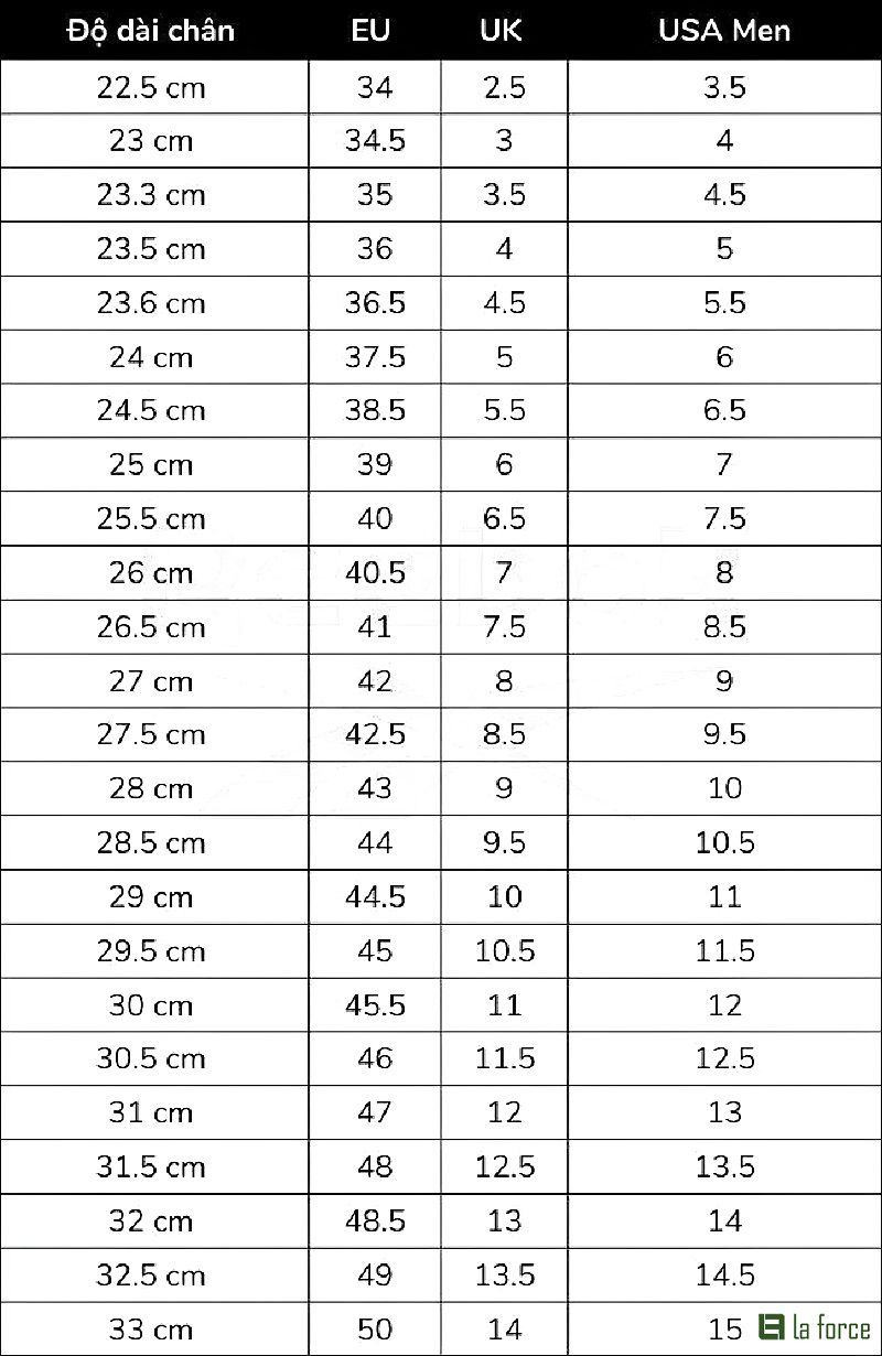 Bảng size giày Reebok nam theo các hệ quy chiếu quốc tế