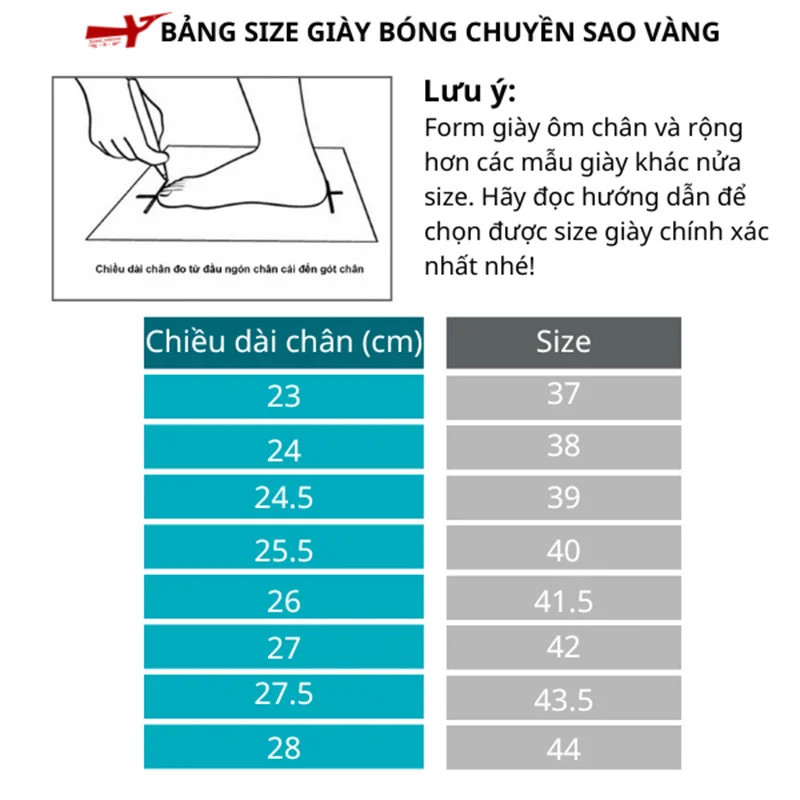 Bảng size giày Sao Vàng chi tiết giúp đo và chọn kích cỡ phù hợp