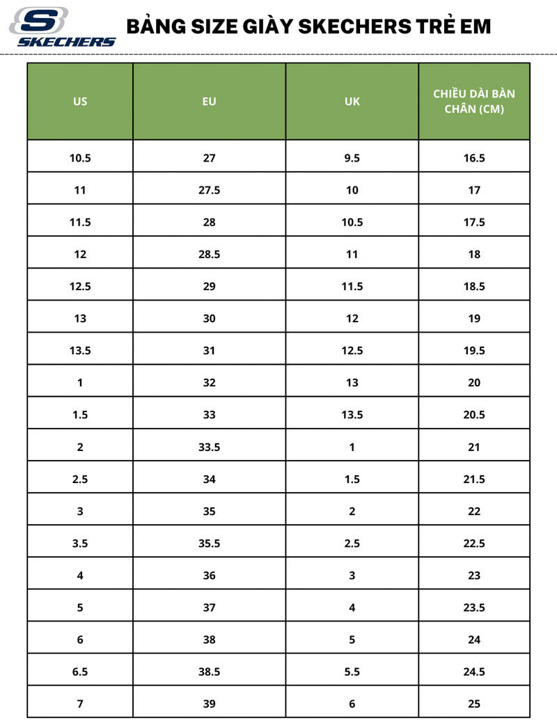 Bảng size giày Skechers trẻ em tiêu chuẩn theo các hệ đo lường