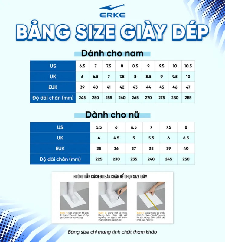 Bảng size giày thể thao Erke nam chuẩn xác