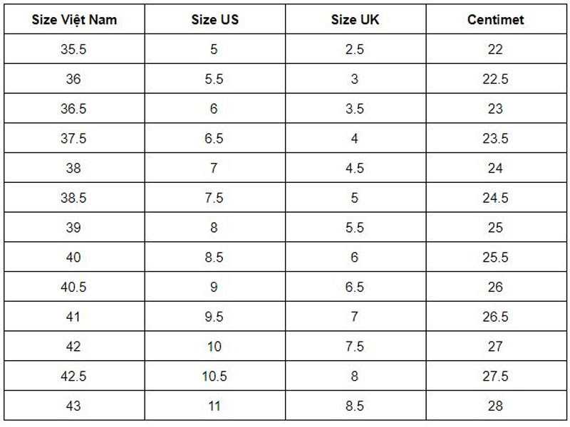 Bảng size giày thể thao Nike áp dụng tại Việt Nam (EU)
