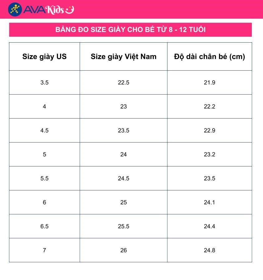 Bảng size giày trẻ em 8-12 tuổi