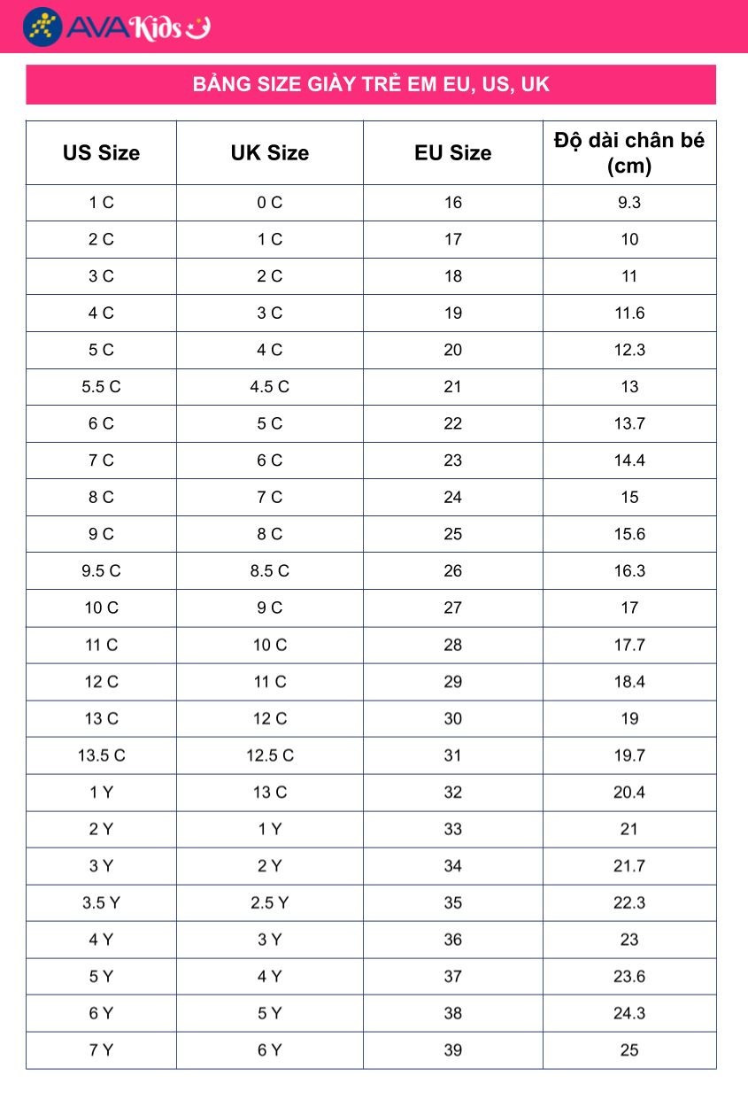 Bảng size giày trẻ em quốc tế (EU, US, UK) cho chân bé 16cm