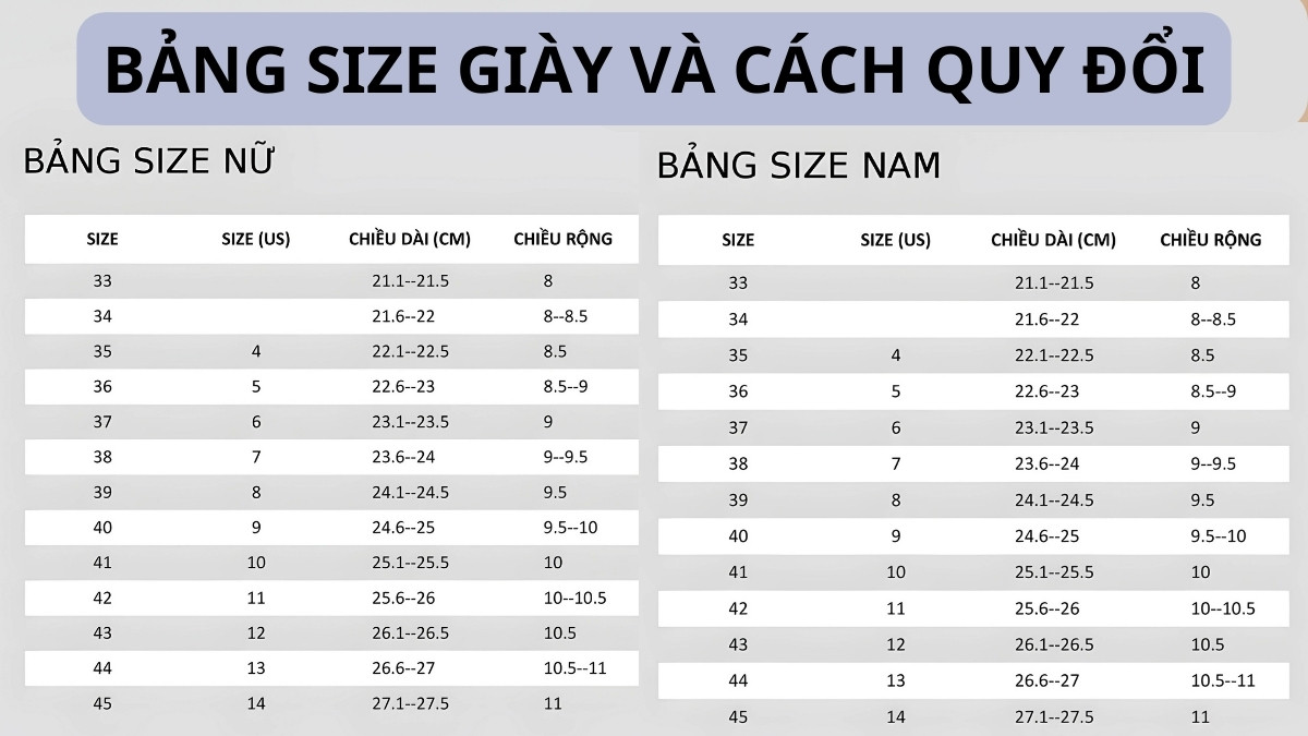 Bảng size giày và cách quy đổi chuẩn quốc tế