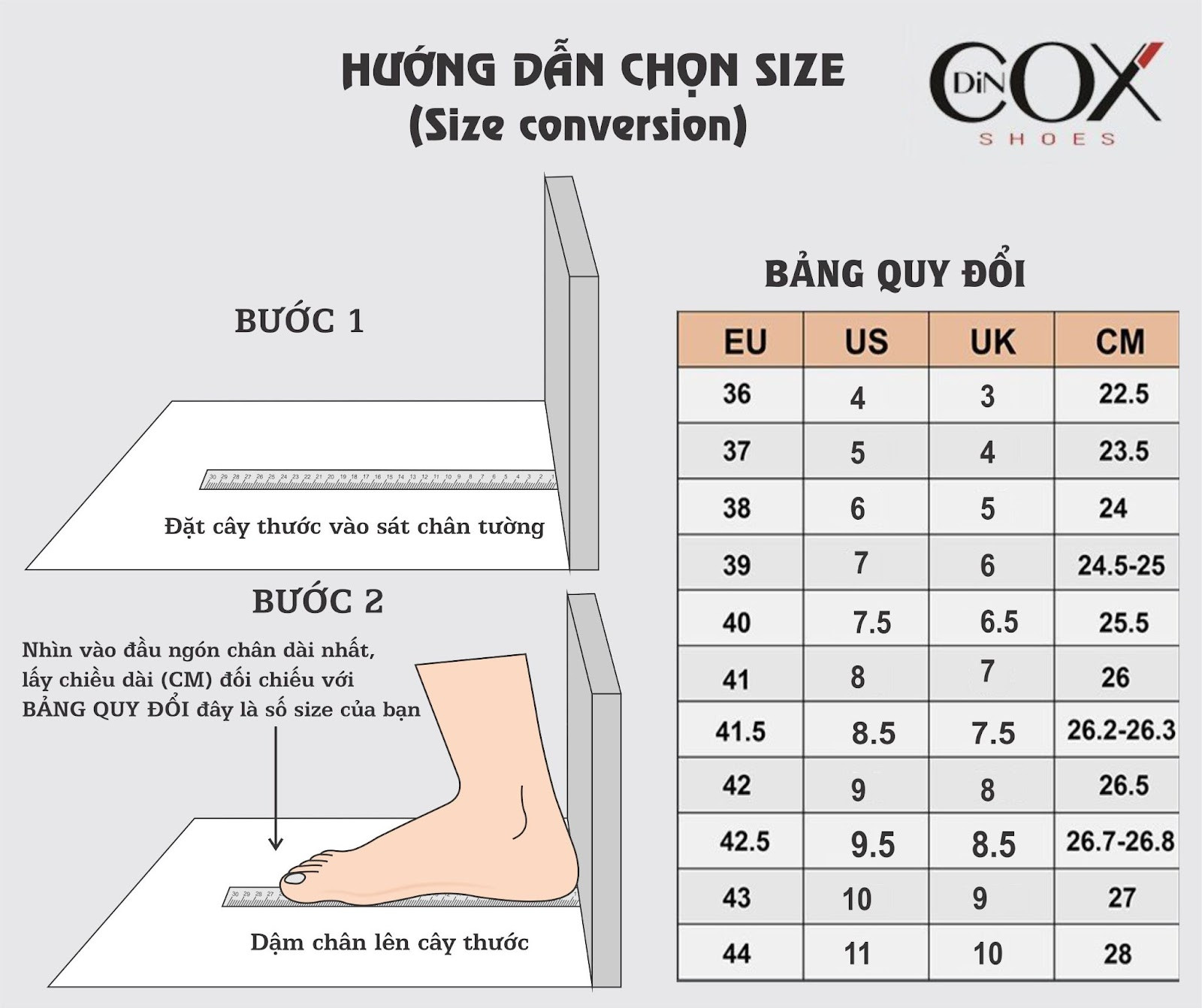 Biểu đồ hướng dẫn cách đo và chọn size giày chuẩn, tránh tình trạng mua giày rộng hơn 1 size hoặc quá chật, đảm bảo sự thoải mái tối đa.