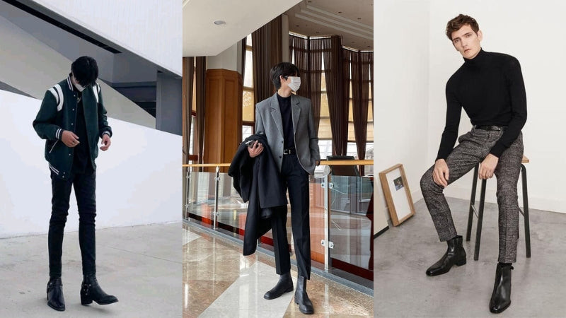 Bộ trang phục với quần âu và giày Chelsea Boots đen, thể hiện sự cá tính và thời thượng.