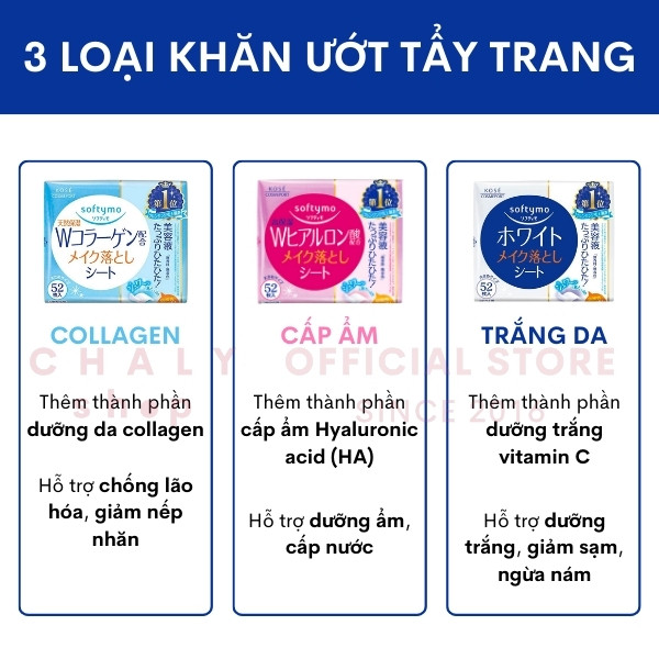 Các loại giấy tẩy trang Kose Softymo Nhật Bản với công dụng dưỡng ẩm, làm trắng, chống lão hóa