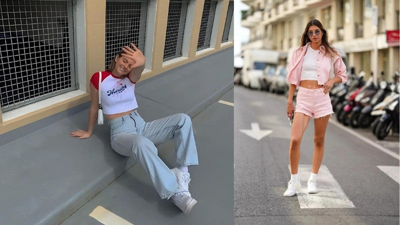 cách phối đồ với giày thể thao nữ: áo croptop đen và quần kaki