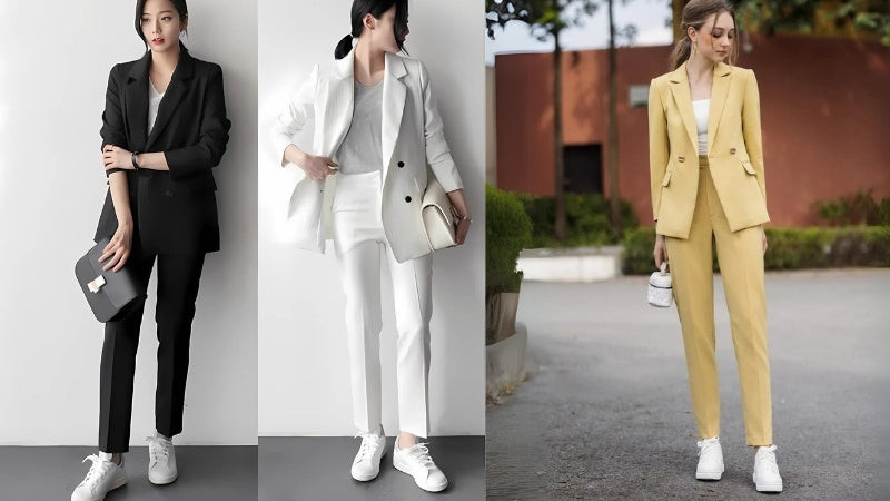 cách phối đồ với giày thể thao nữ: blazer và quần dài