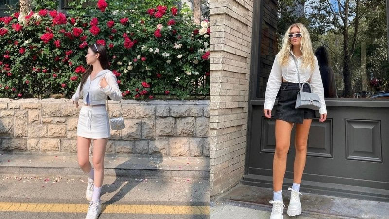 cách phối đồ với giày thể thao nữ: chân váy chữ A và áo thun