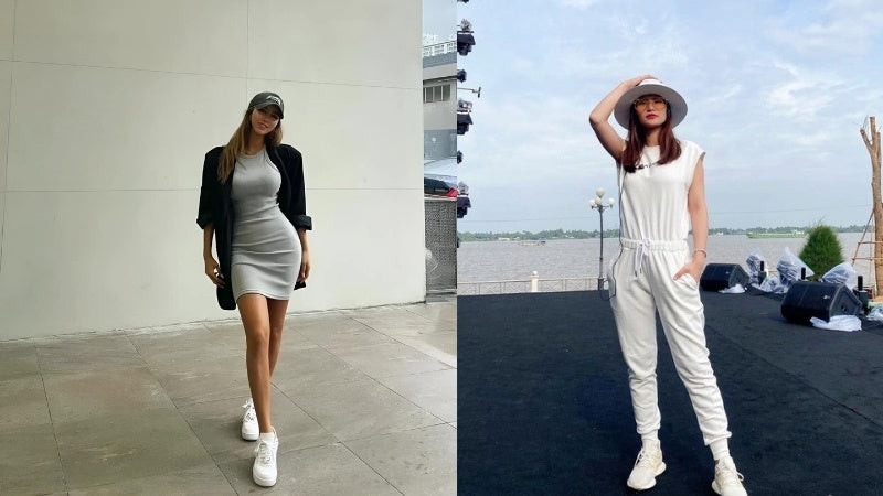 cách phối đồ với giày thể thao nữ: cô gái với set đồ năng động