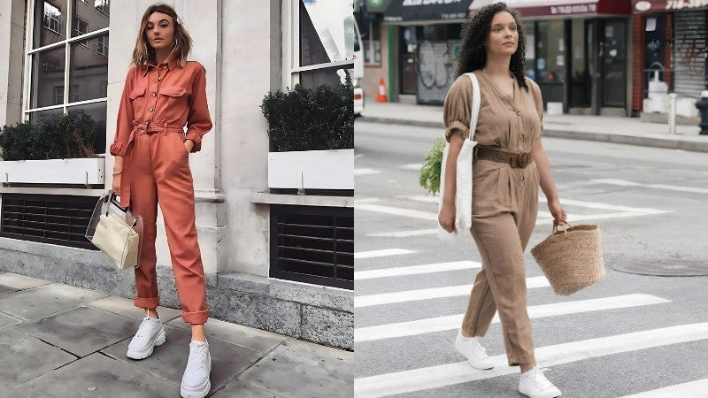 cách phối đồ với giày thể thao nữ: jumpsuit xanh rêu