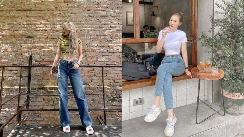 cách phối đồ với giày thể thao nữ: quần jeans xanh và áo phông trắng