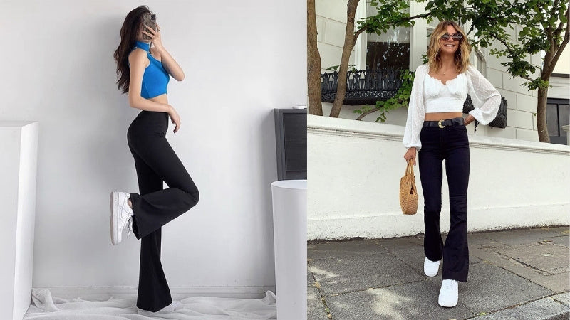 cách phối đồ với giày thể thao nữ: quần ống loe jean và áo thun