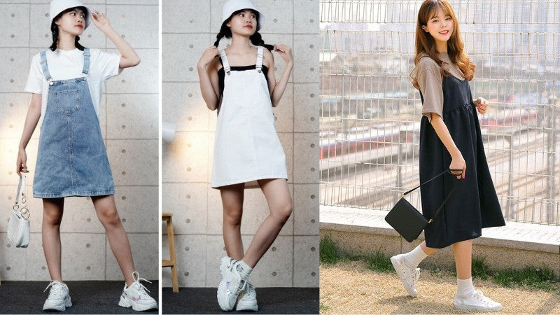 cách phối đồ với giày thể thao nữ: quần yếm jean và áo sọc