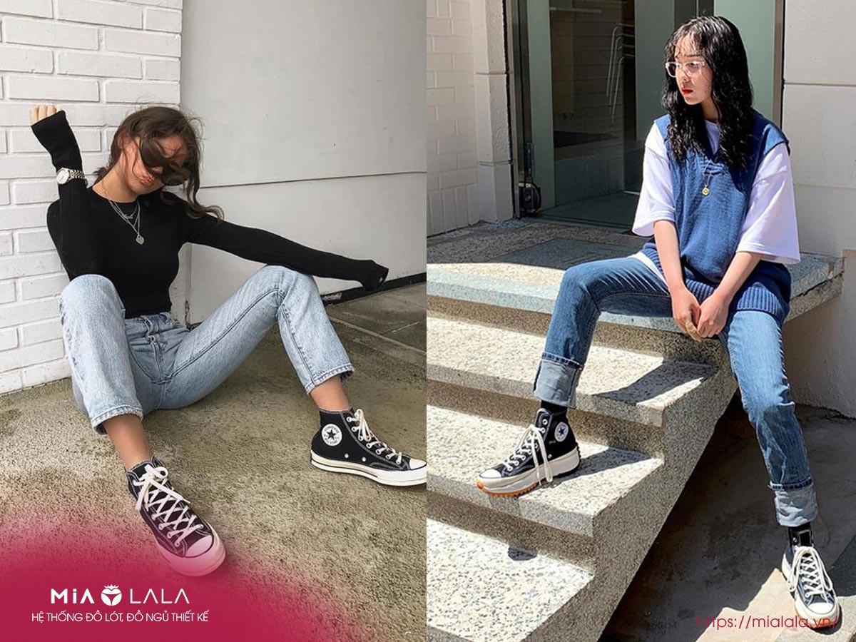 Cách phối quần baggy jean nữ với giày Converse trẻ trung