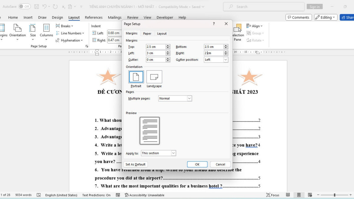 Cài đặt lề trang (Margins) trong hộp thoại Page Setup, minh họa kích thước lề tiêu chuẩn