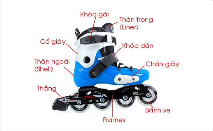 Cấu tạo chi tiết của giày trượt patin Inline Skates với các bộ phận khung, bánh xe