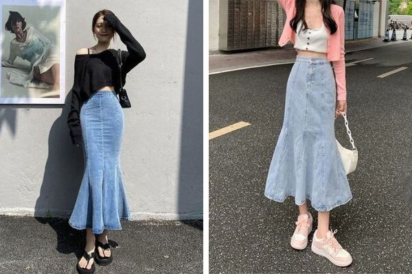 Chân váy bò dài đuôi cá kết hợp áo sơ mi tạo vẻ ngoài dịu dàng