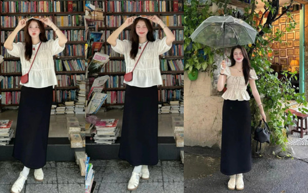 Chân váy chữ A dáng dài cùng áo babydoll và giày sandal đế bệt