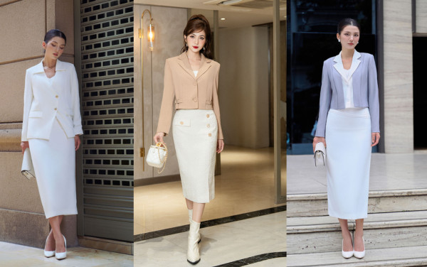 Chân váy chữ A dáng dài thanh lịch kết hợp áo vest và giày cao gót