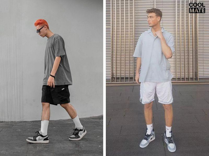 Chàng trai mặc áo thun oversized, quần short jean và giày Jordan nam cổ cao màu đỏ đen, thể hiện phong cách phối đồ trẻ trung, năng động