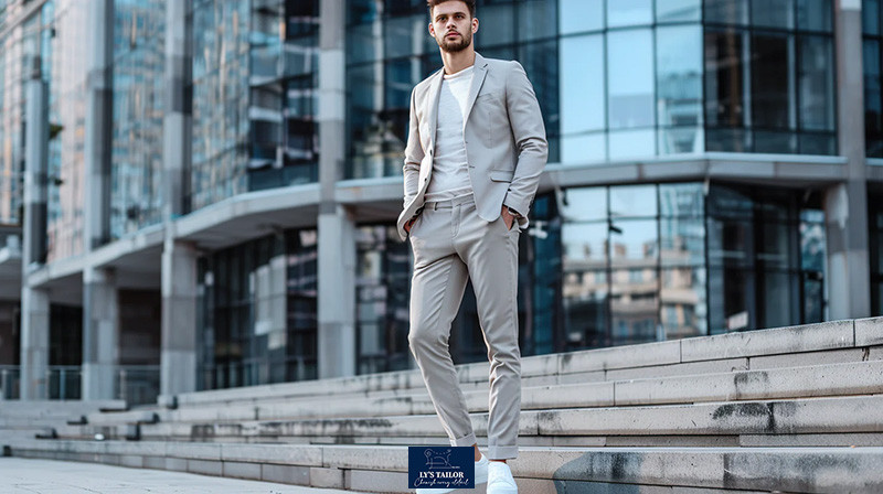 Chàng trai mặc vest màu be và quần âu, phối cùng giày sneaker trắng cơ bản, tạo nên vẻ ngoài thanh lịch, trẻ trung