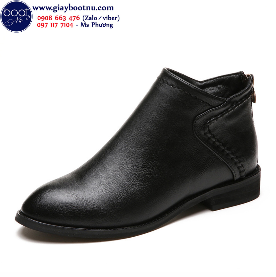Chi tiết đường may tinh tế trên gót giày boot nữ cổ thấp đế bệt đen