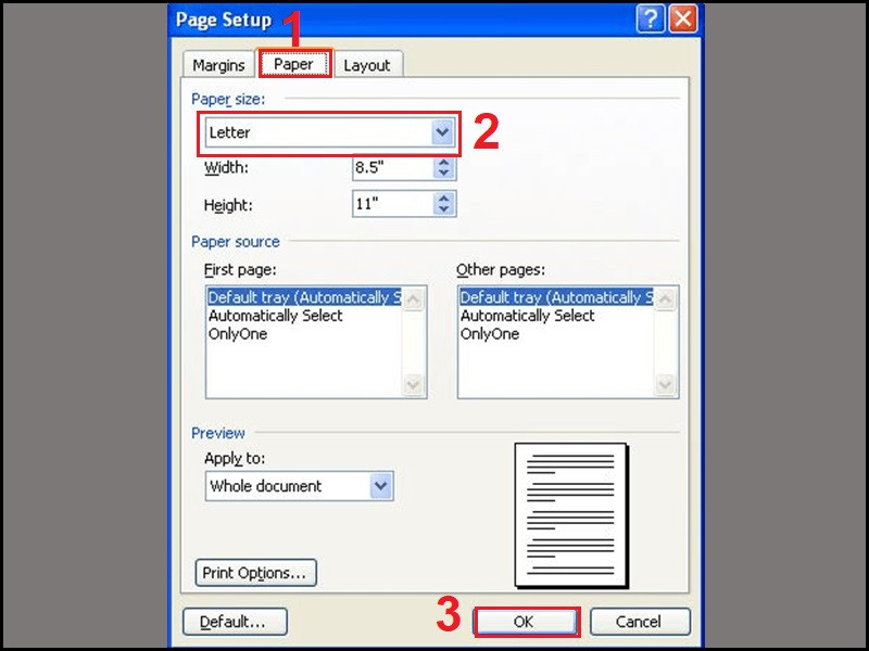Chọn khổ giấy A4 trên Word 2003