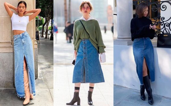 Cô gái diện chân váy denim dài cùng boots cổ cao màu đen đầy cá tính