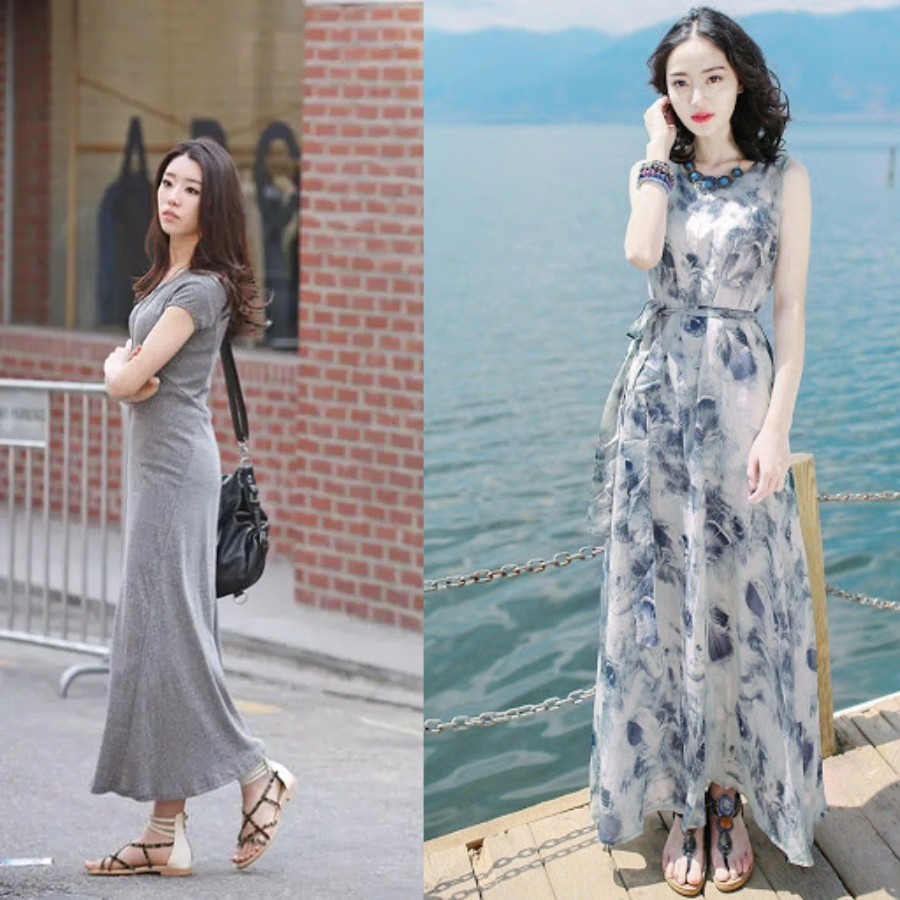 Cô gái diện đầm maxi kẻ sọc và sandal xỏ ngón đơn giản nhưng thoải mái