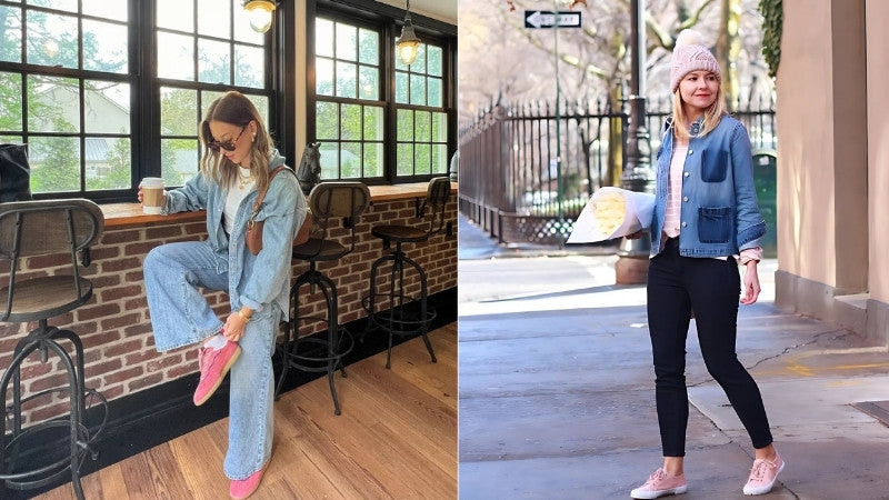 Cô gái diện set đồ denim với giày thể thao màu hồng, túi xách và mũ len beanie