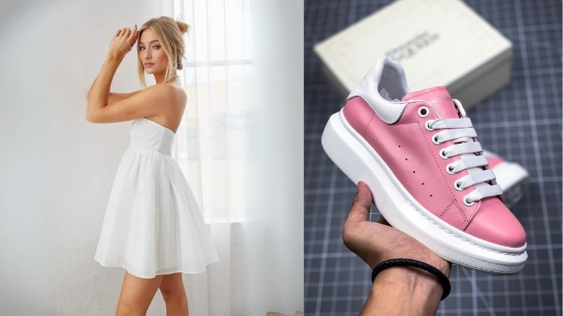Cô gái diện váy babydoll trắng cùng giày thể thao màu hồng pastel và túi xách trắng dịu dàng