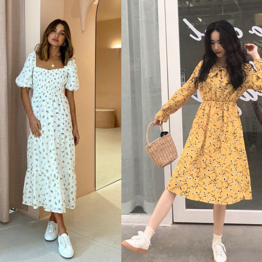 Cô gái diện váy hoa nhí thanh thoát cùng giày sneaker trắng tạo vẻ cuốn hút