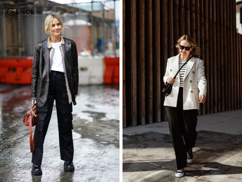 Cô gái mặc áo blazer, quần tây và giày sneaker đen